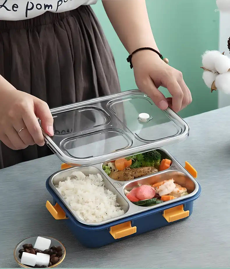 3 Compartment Bpa Free Stainless Steel Lunch Box With Spoon For Kids
