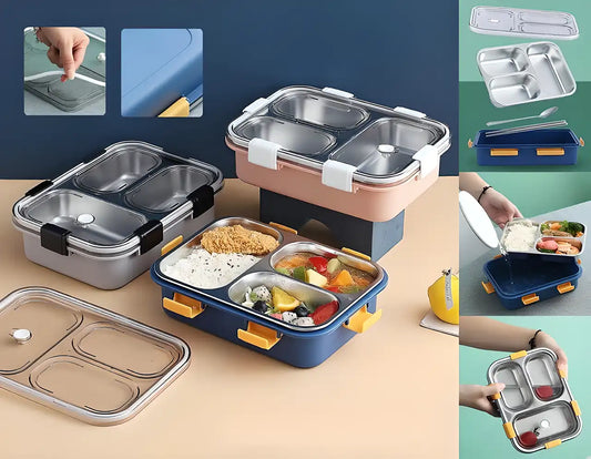 3 Compartment Bpa Free Stainless Steel Lunch Box With Spoon For Kids