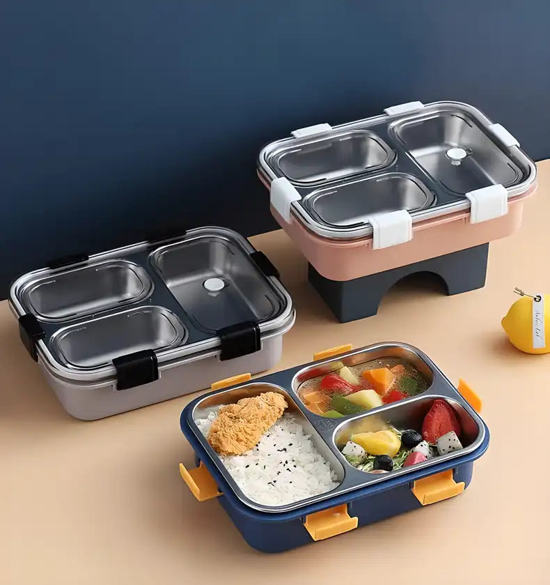 3 Compartment Bpa Free Stainless Steel Lunch Box With Spoon For Kids